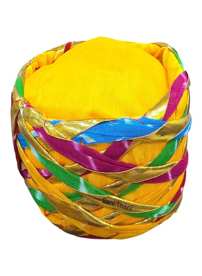 BANI THANI Authentic Rajasthani Jaipuri Pagdi for Men's & Women's Traditional Round Turban for Wedding or Any Party Events or Festival, Freesize Pagdi Support Upto 22inch head size (Yellow Multi Colour) - Image 1